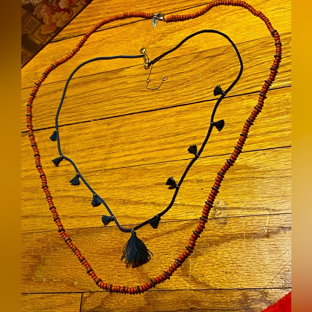 2 VTG necklaces,blue cord/tassels,red/silver seed beads,Madewell,Coldwater Creek